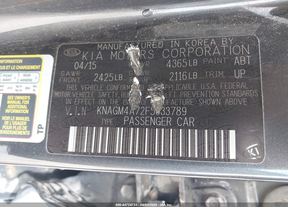 2015 KIA OPTIMA LX VIN: KNAGM4A72F5633789