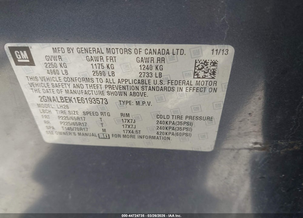 2014 CHEVROLET EQUINOX 1LT VIN: 2GNALBEK1E6193573