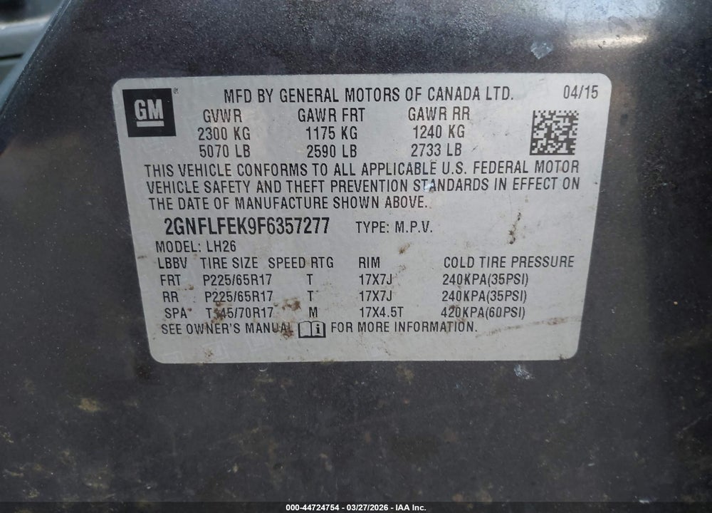 2015 CHEVROLET EQUINOX 1LT VIN: 2GNFLFEK9F6357277
