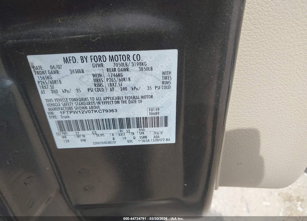 2007 FORD F-150 LARIAT/XLT VIN: 1FTPW12V07KC79363