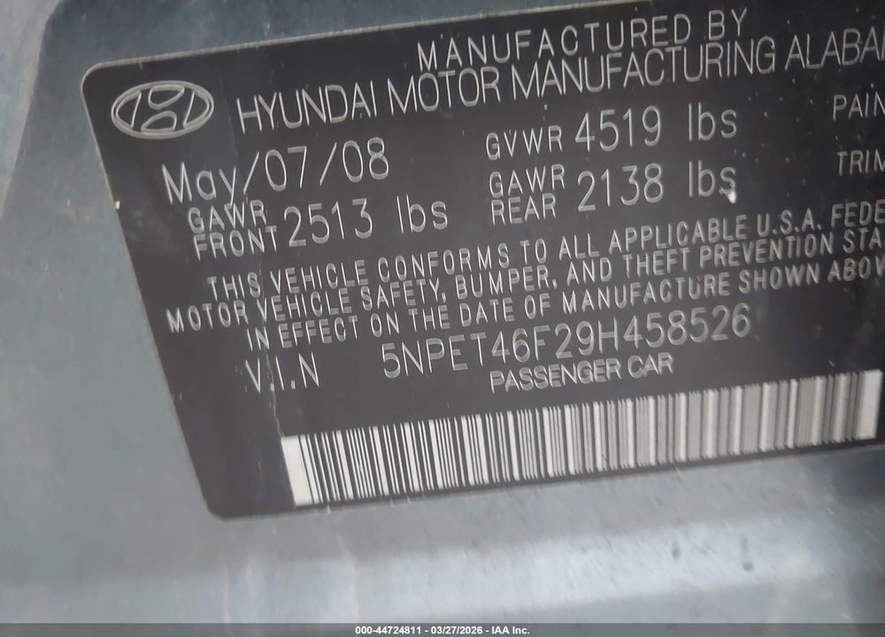 2009 HYUNDAI SONATA GLS V6 VIN: 5NPET46F29H458526