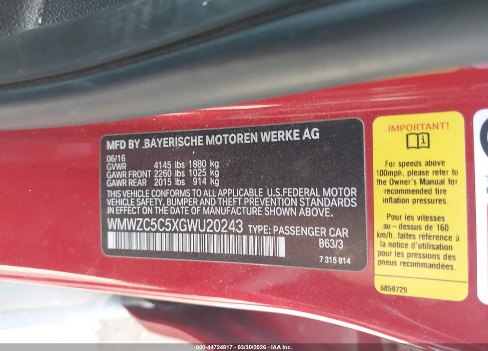 2016 MINI COUNTRYMAN COOPER S VIN: WMWZC5C5XGWU20243
