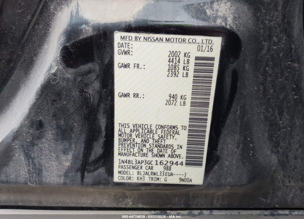 2016 NISSAN ALTIMA 3.5 SL VIN: 1N4BL3AP3GC162944