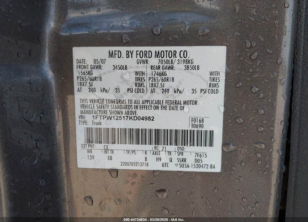 2007 FORD F-150 LARIAT/XLT VIN: 1FTPW12517KD04982