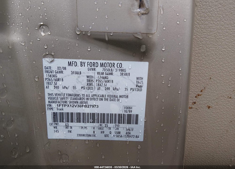 2008 FORD F-150 VIN: 1FTPX12V38FB27973