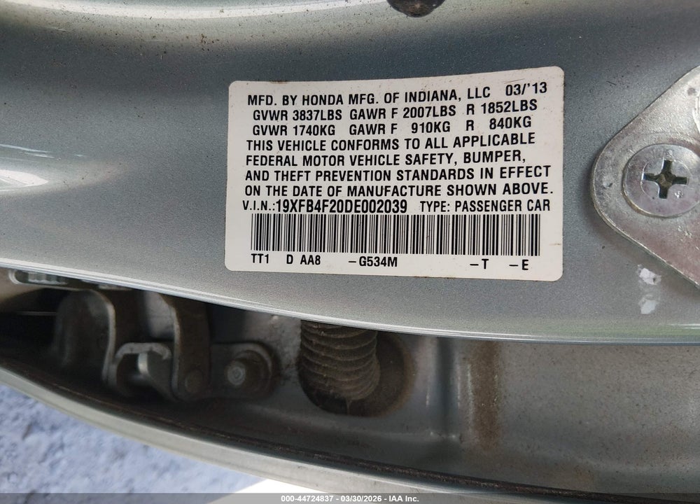 2013 HONDA CIVIC HYBRID VIN: 19XFB4F20DE002039