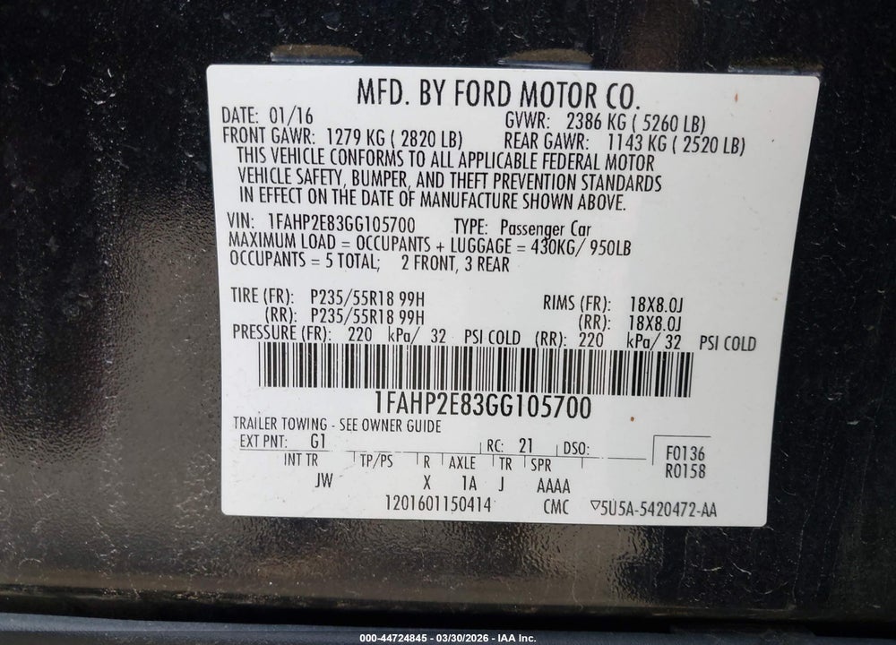 2016 FORD TAURUS SEL VIN: 1FAHP2E83GG105700