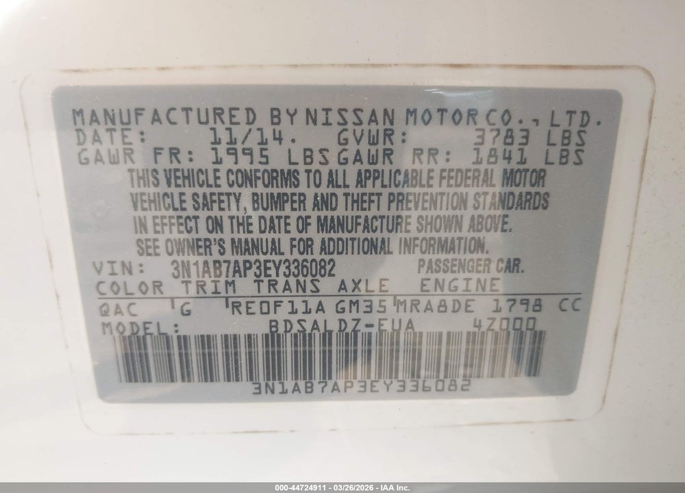 2014 NISSAN SENTRA SV VIN: 3N1AB7AP3EY336082