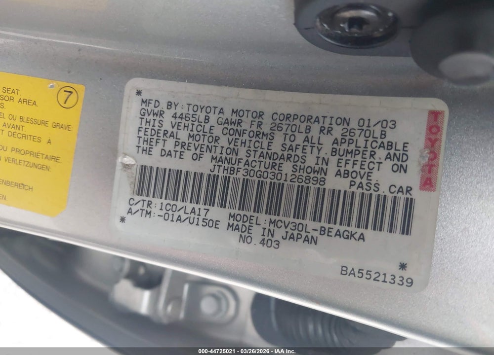 2003 LEXUS ES 300 VIN: JTHBF30G030126898