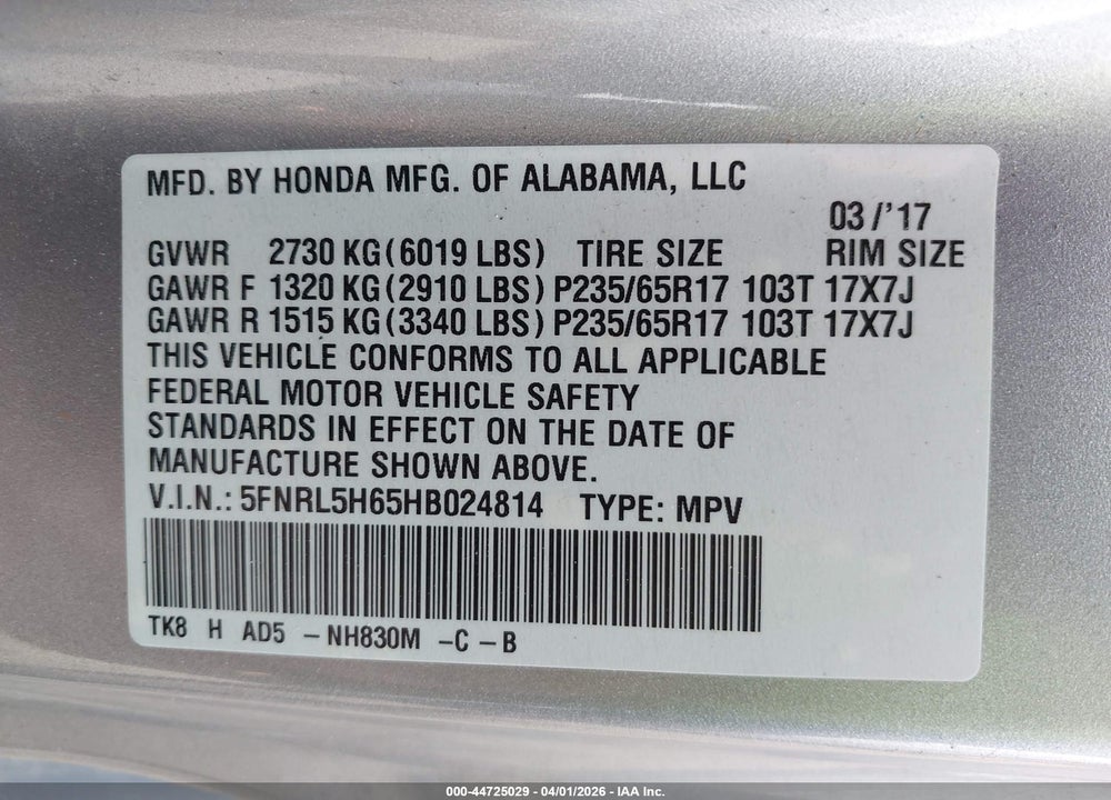 2017 HONDA ODYSSEY EX-L VIN: 5FNRL5H65HB024814