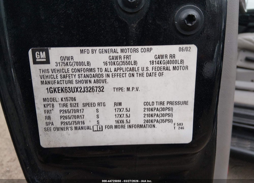 2002 GMC YUKON DENALI VIN: 1GKEK63UX2J326732