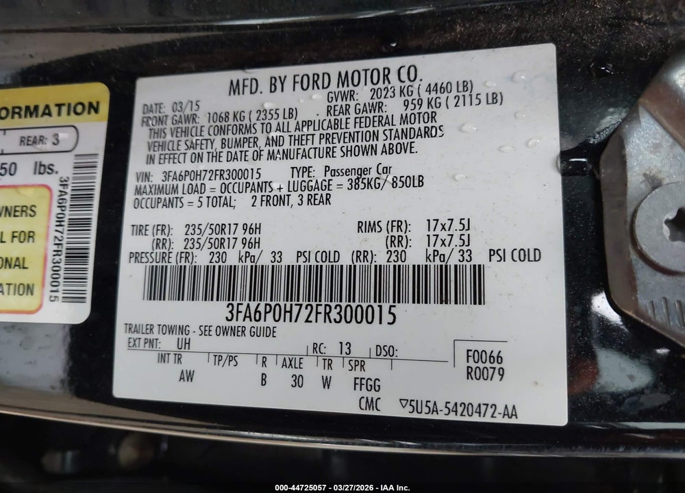 2015 FORD FUSION SE VIN: 3FA6P0H72FR300015
