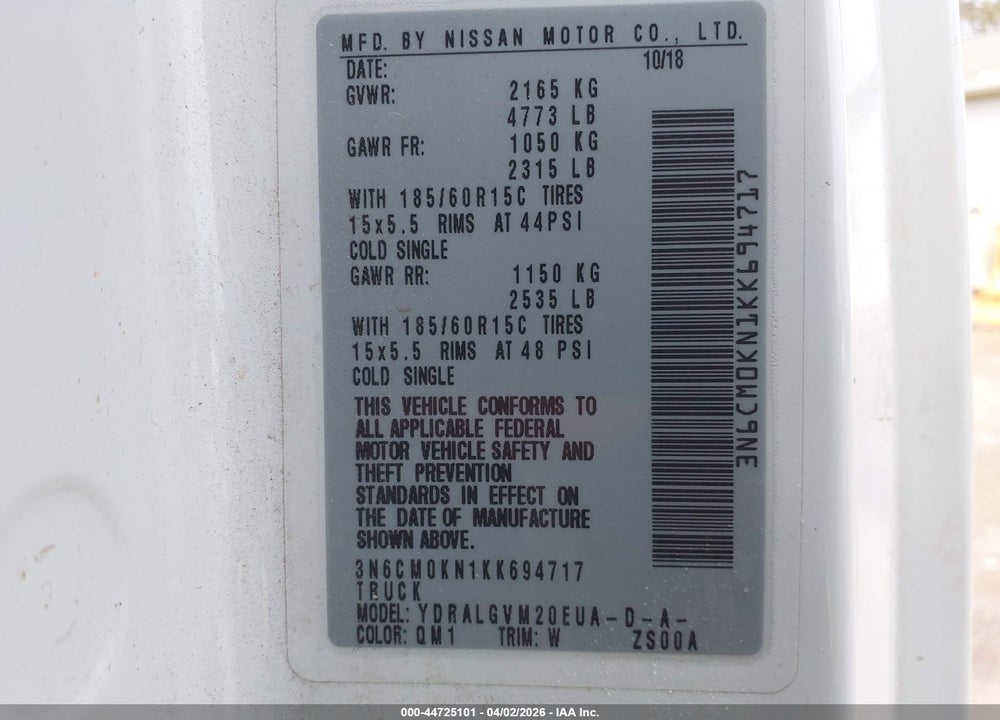 2019 NISSAN NV200 SV VIN: 3N6CM0KN1KK694717