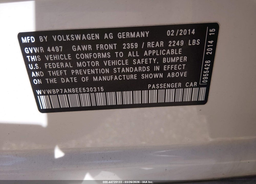 2014 VOLKSWAGEN CC 2.0T R-LINE VIN: WVWBP7AN8EE530315