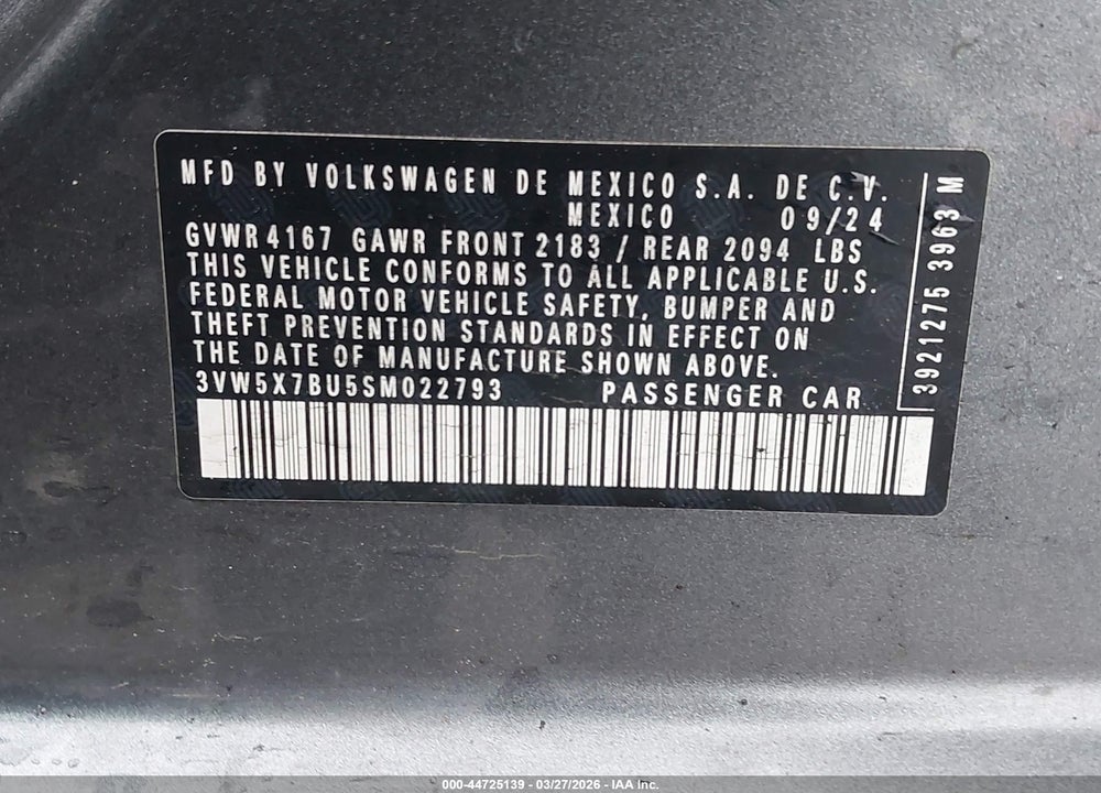 2025 VOLKSWAGEN JETTA 1.5T S VIN: 3VW5X7BU5SM022793