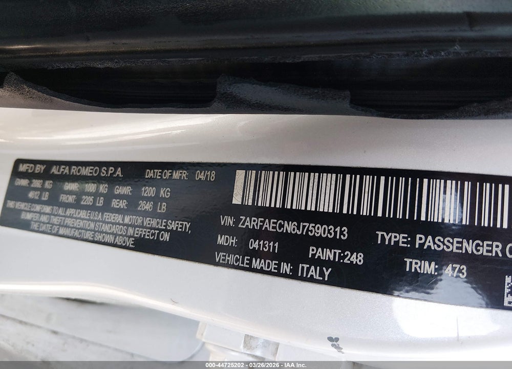 2018 ALFA ROMEO GIULIA TI SPORT RWD VIN: ZARFAECN6J7590313