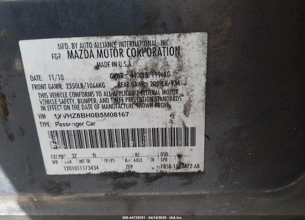 2011 MAZDA 6 I SPORT VIN: 1YVHZ8BH0B5M08167
