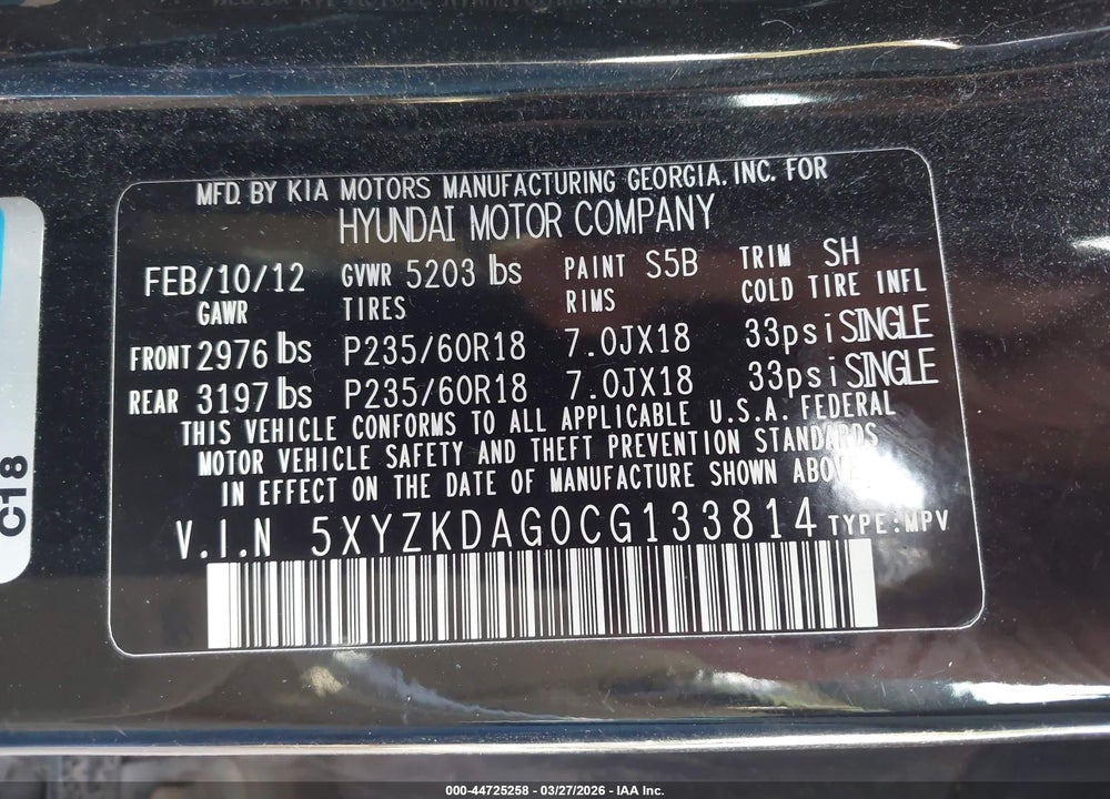 2012 HYUNDAI SANTA FE LIMITED V6 VIN: 5XYZKDAG0CG133814