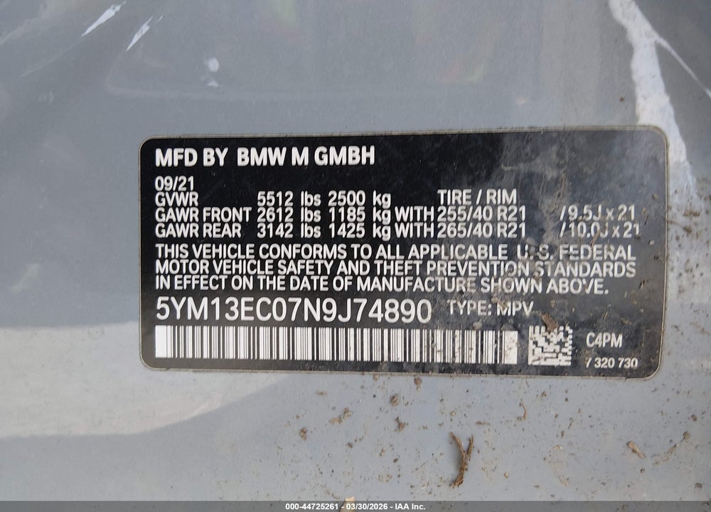 2022 BMW X3 M VIN: 5YM13EC07N9J74890