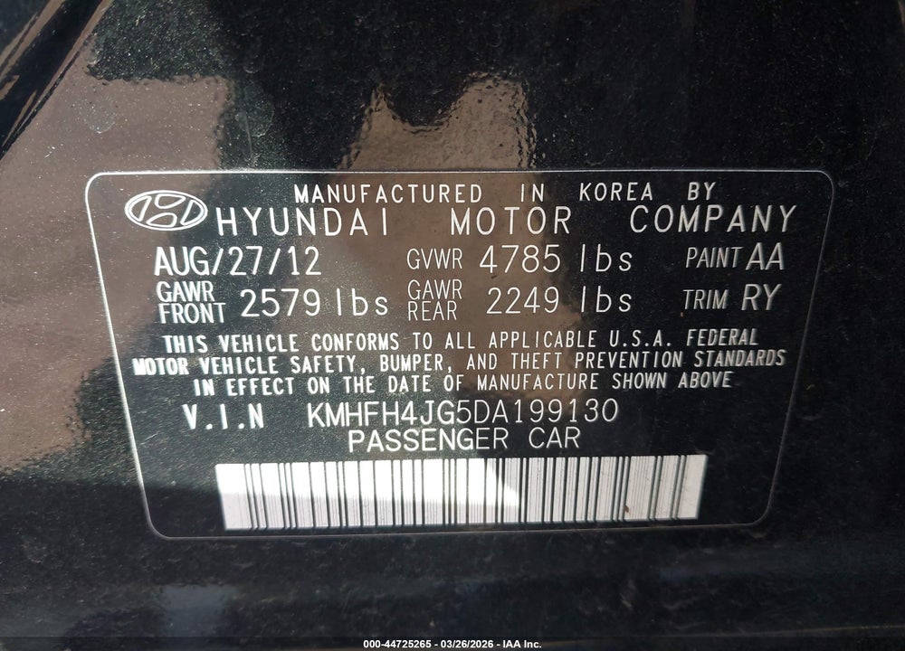 2013 HYUNDAI AZERA VIN: KMHFH4JG5DA199130
