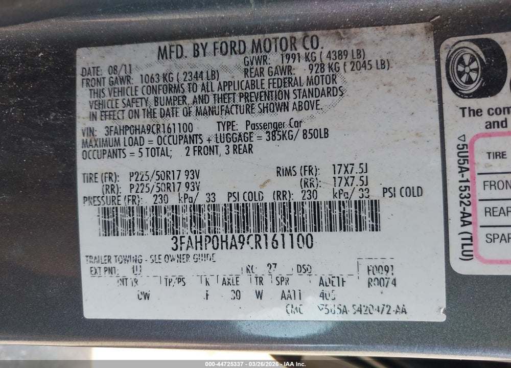 2012 FORD FUSION SE VIN: 3FAHP0HA9CR161100