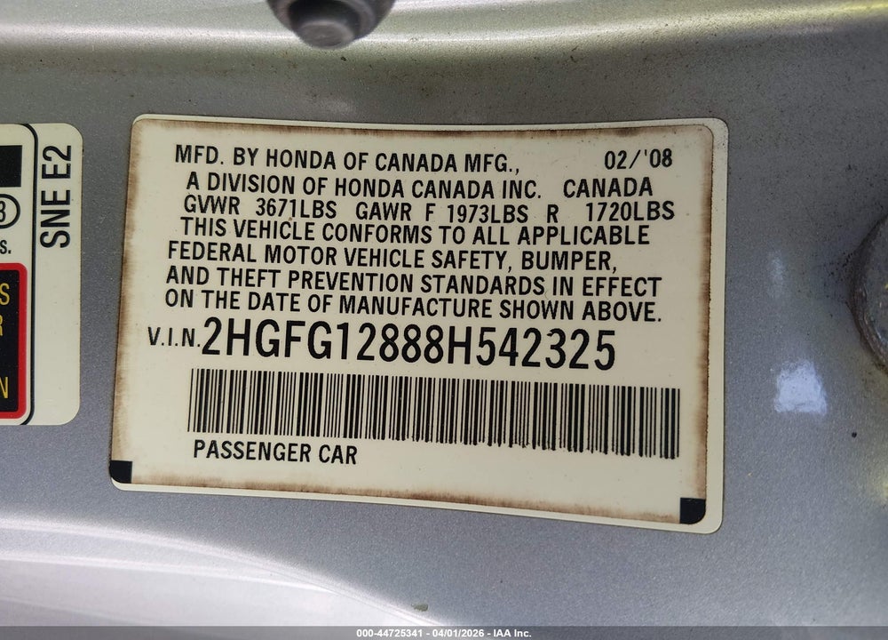 2008 HONDA CIVIC EX VIN: 2HGFG12888H542325