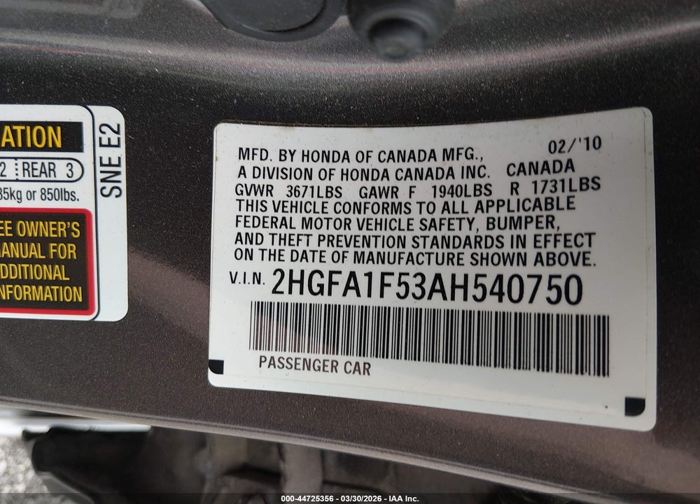 2010 HONDA CIVIC LX VIN: 2HGFA1F53AH540750
