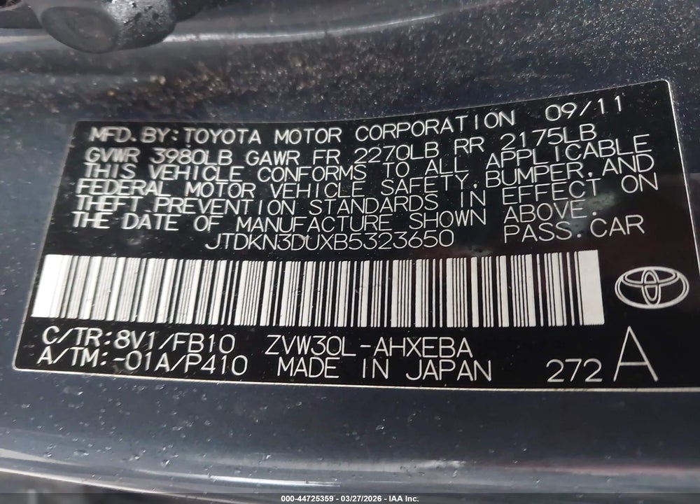 2011 TOYOTA PRIUS THREE VIN: JTDKN3DUXB5323650