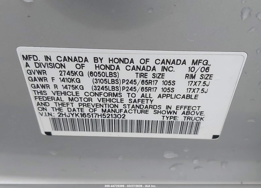 2007 HONDA RIDGELINE RTL VIN: 2HJYK16517H521302