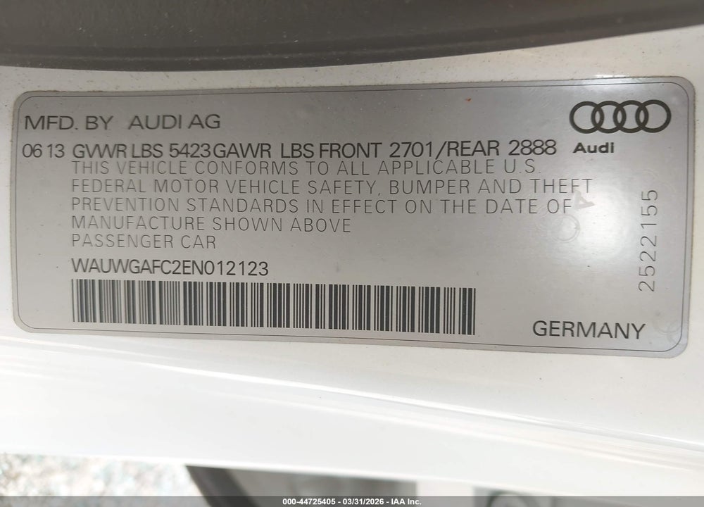 2014 AUDI A7 3.0T PREMIUM PLUS VIN: WAUWGAFC2EN012123