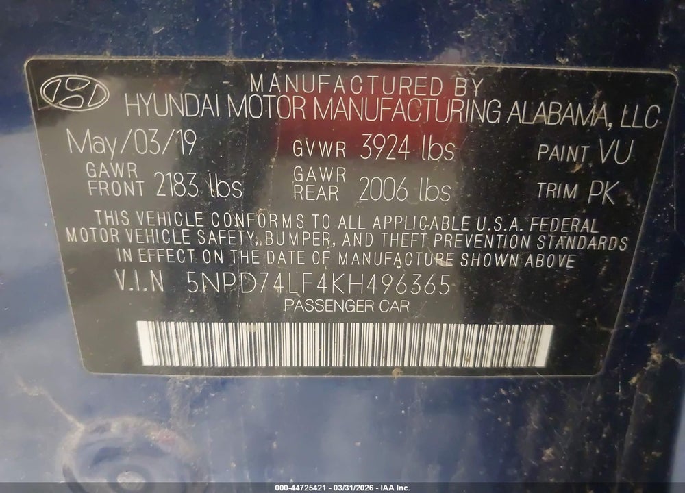 2019 HYUNDAI ELANTRA SE VIN: 5NPD74LF4KH496365