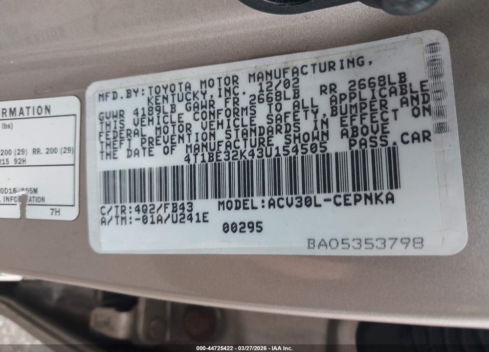 2003 TOYOTA CAMRY LE VIN: 4T1BE32K43U154505