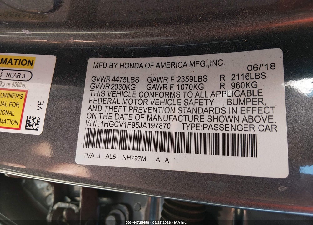 2018 HONDA ACCORD TOURING VIN: 1HGCV1F95JA197870
