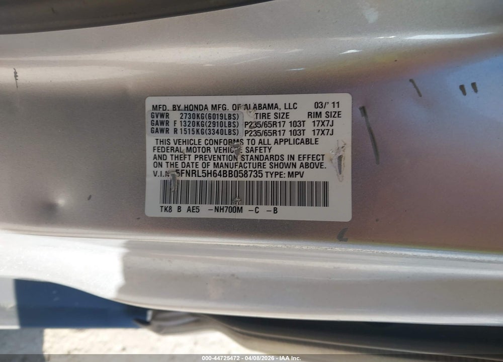 2011 HONDA ODYSSEY EX-L VIN: 5FNRL5H64BB058735