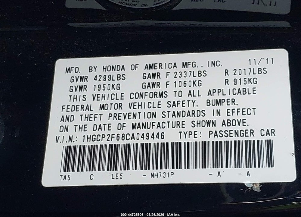2012 HONDA ACCORD 2.4 SE VIN: 1HGCP2F68CA049446