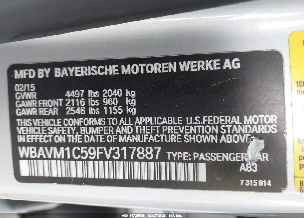 2015 BMW X1 SDRIVE28I VIN: WBAVM1C59FV317887