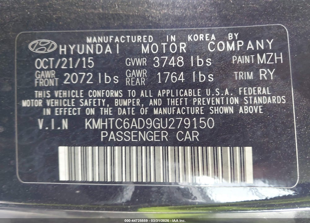 2016 HYUNDAI VELOSTER VIN: KMHTC6AD9GU279150