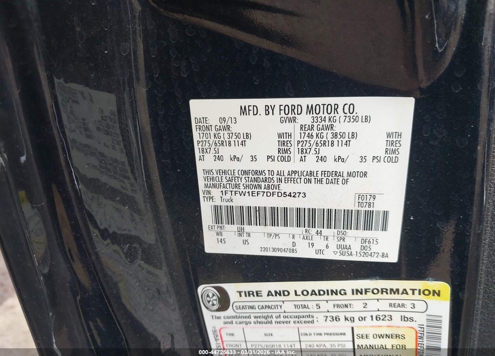 2013 FORD F-150 XLT VIN: 1FTFW1EF7DFD54273