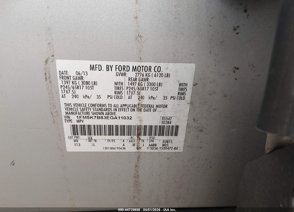 2014 FORD EXPLORER VIN: 1FM5K7B83EGA11032