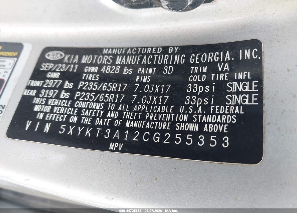 2012 KIA SORENTO LX VIN: 5XYKT3A12CG255353