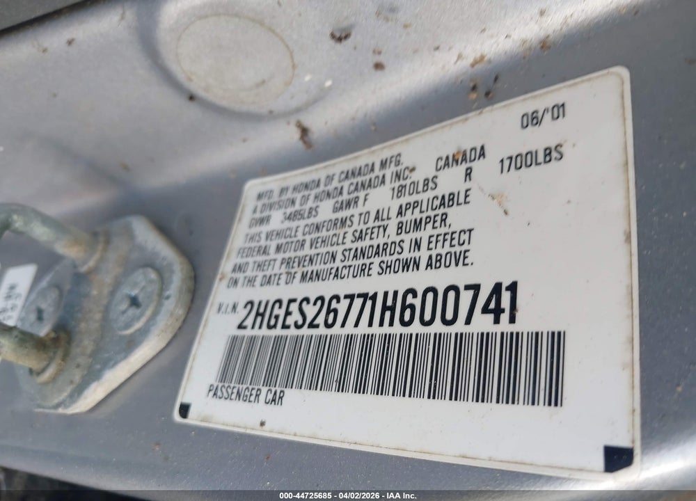 2001 HONDA CIVIC EX VIN: 2HGES26771H600741