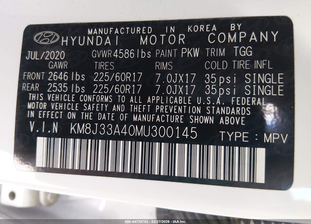 2021 HYUNDAI TUCSON VALUE VIN: KM8J33A40MU300145