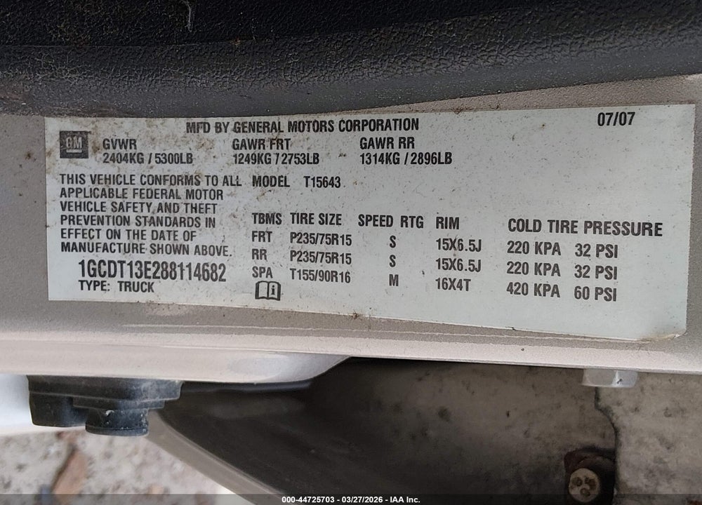 2008 CHEVROLET COLORADO LT VIN: 1GCDT13E288114682
