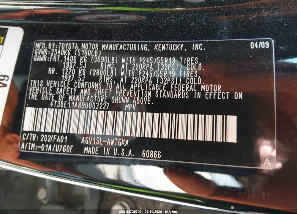 2009 TOYOTA VENZA VIN: 4T3BE11A89U003227