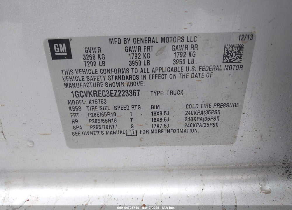 2014 CHEVROLET SILVERADO 1500 2LT VIN: 1GCVKREC3EZ223367