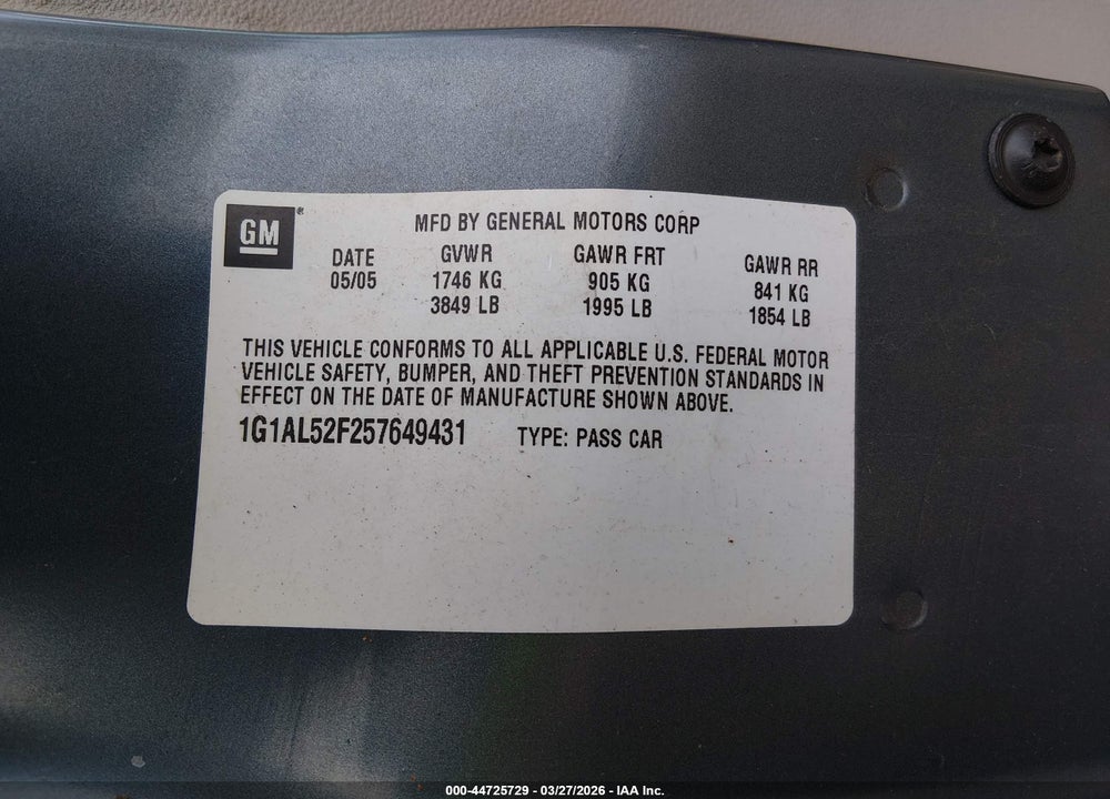 2005 CHEVROLET COBALT LS VIN: 1G1AL52F257649431