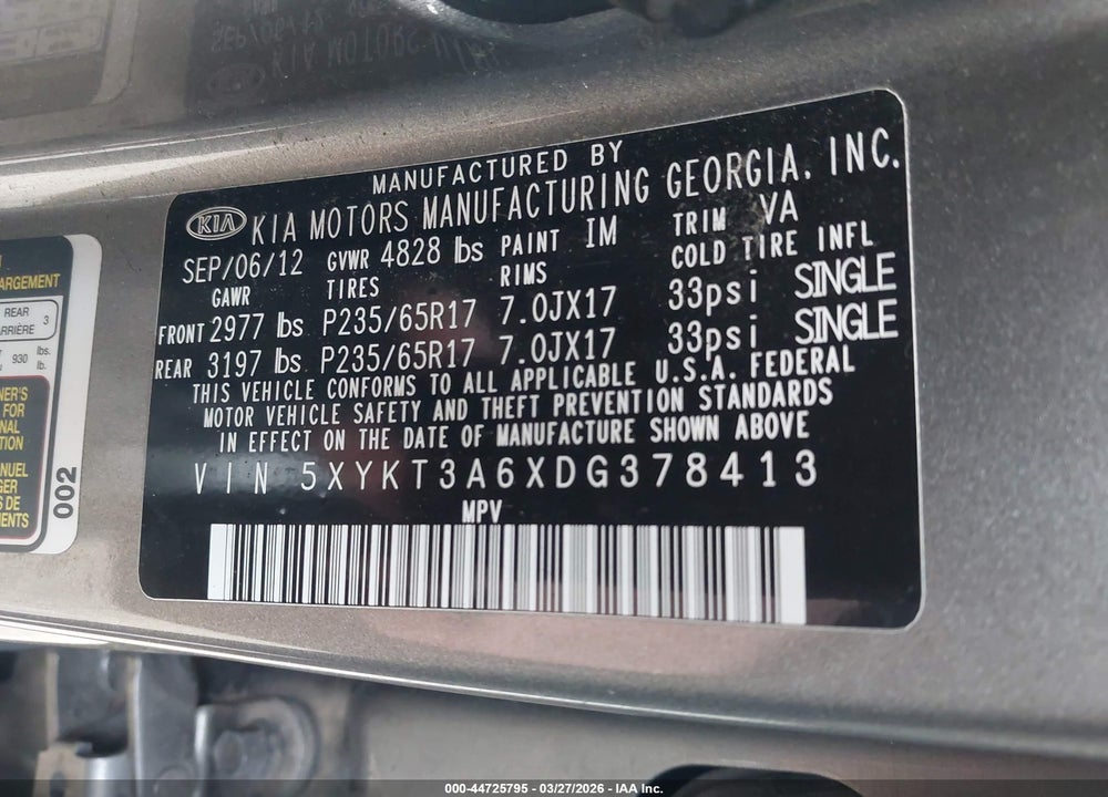 2013 KIA SORENTO LX VIN: 5XYKT3A6XDG378413
