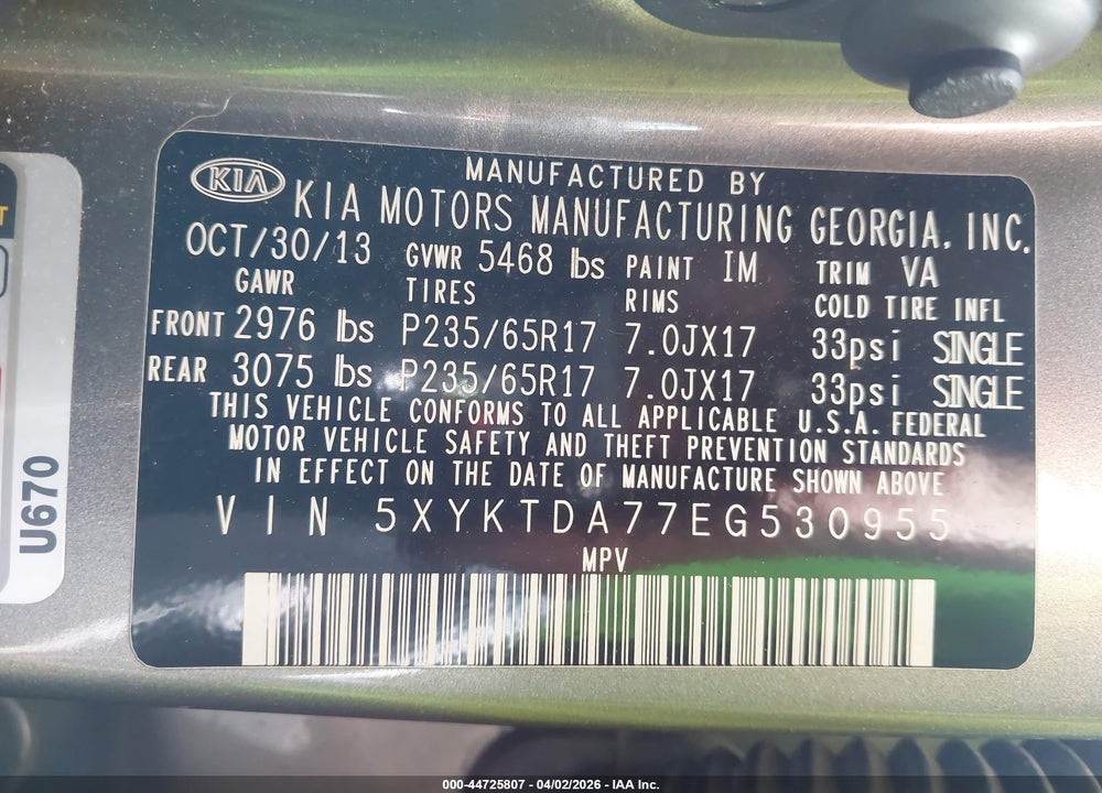 2014 KIA SORENTO LX V6 VIN: 5XYKTDA77EG530955