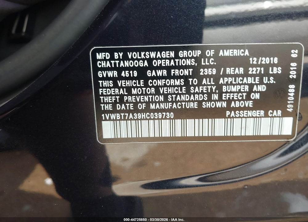 2017 VOLKSWAGEN PASSAT 1.8T SE VIN: 1VWBT7A39HC039730