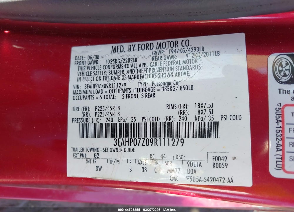 2009 FORD FUSION SE VIN: 3FAHP07Z09R111279